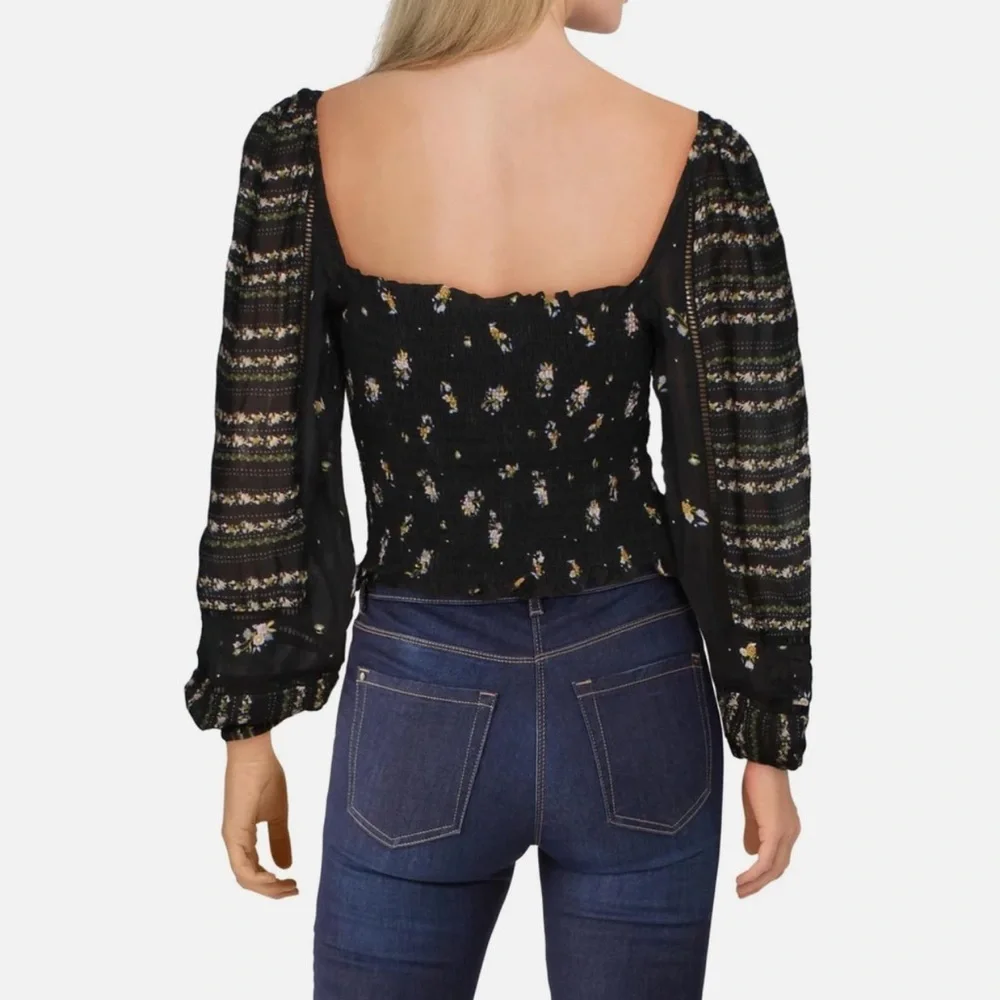 SOLD Anthropologie Dolan Pieta Balloon Sleeve Smocked Floral Blouse Large Black - Picture 2 of 11